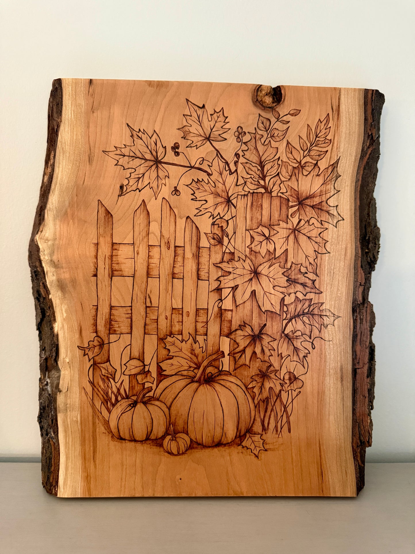 Fall Garden Scene Pyrography on Live Edge Cherry Wood