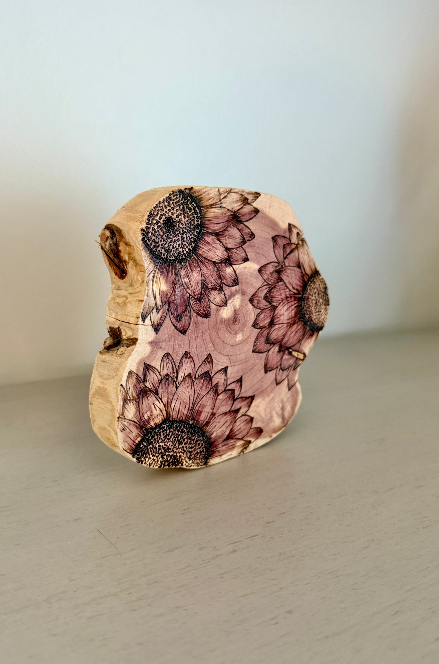 Vibrant Sunflower Round on Cedar Wood