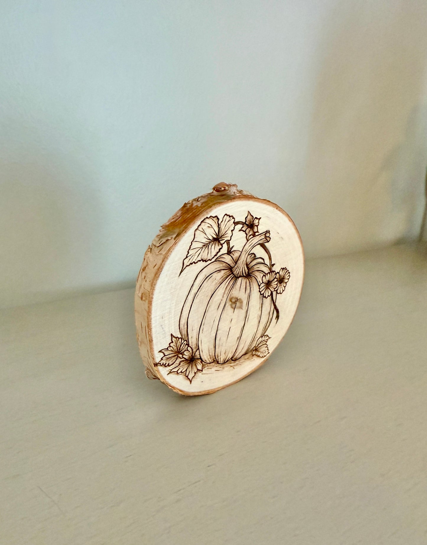 Pyrography Pumpkin on Birch Wood | Wood Burned Autumn Decor