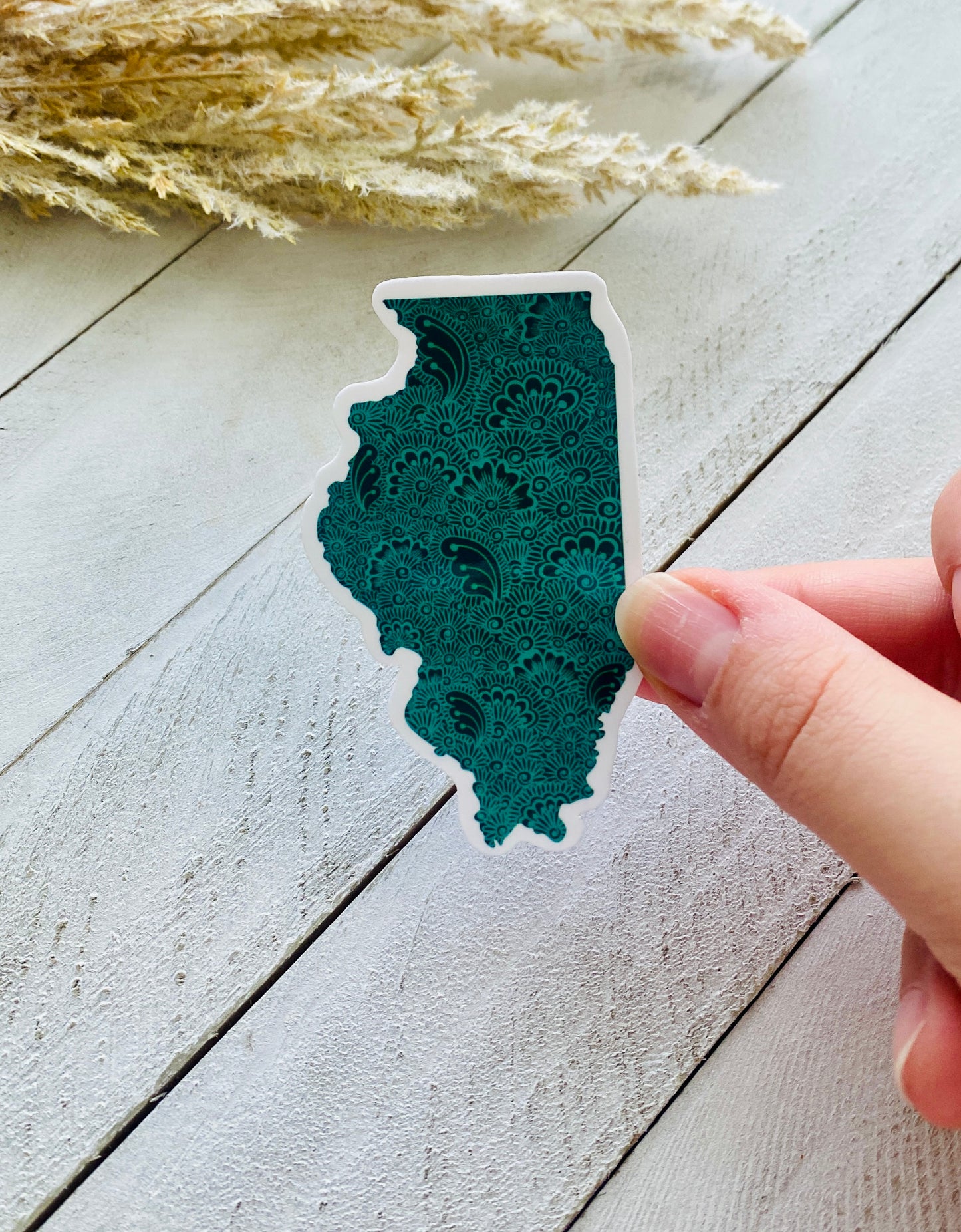 A hand holding a green Illinois State sticker against a wood background