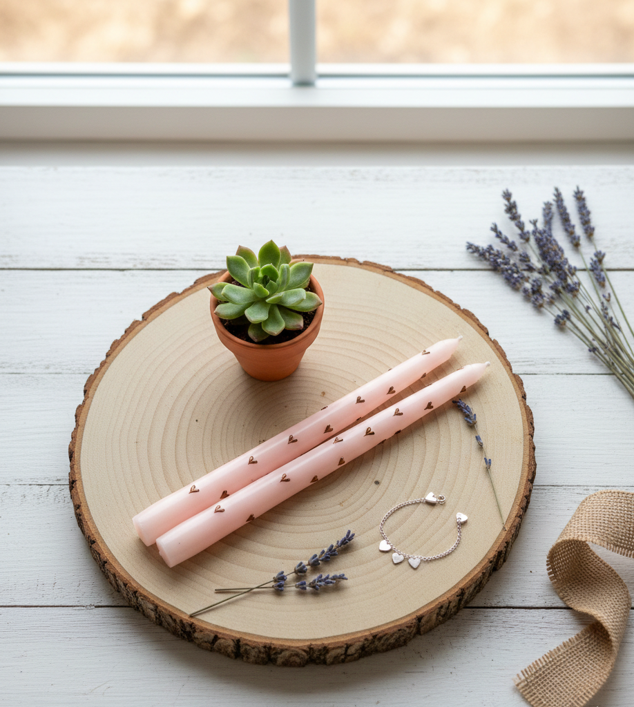 Decorative setting with pink candles, a small plant, lavender, and a bracelet on a wooden surface.