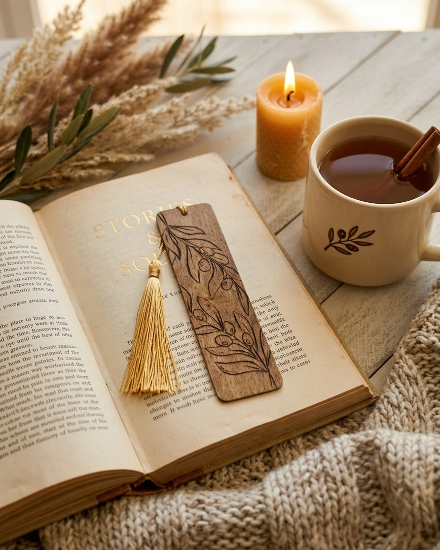 Open book with wooden bookmark, tassel, and cup of tea on a wooden surface.