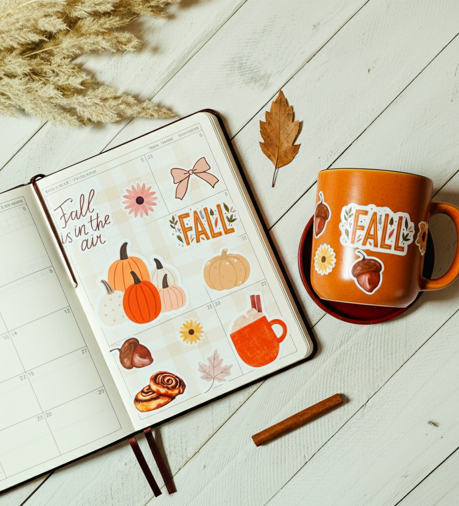 Open notebook with fall-themed stickers and an orange mug on a wooden surface.