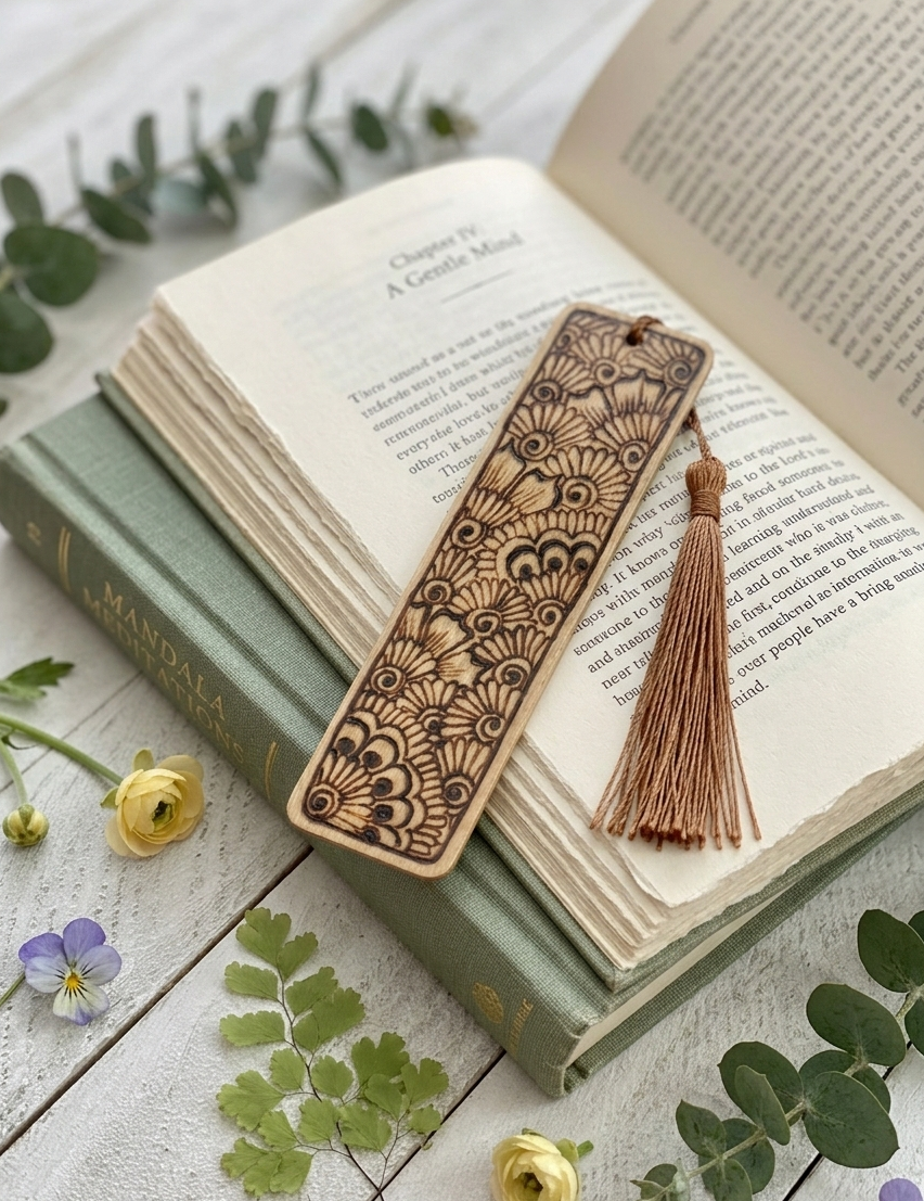 Henna bookmark on an open book with greenery in the background 