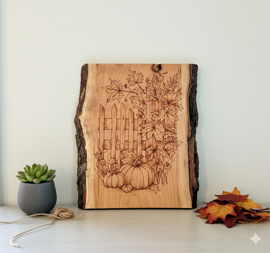 Fall Garden Scene Pyrography on Live Edge Cherry Wood
