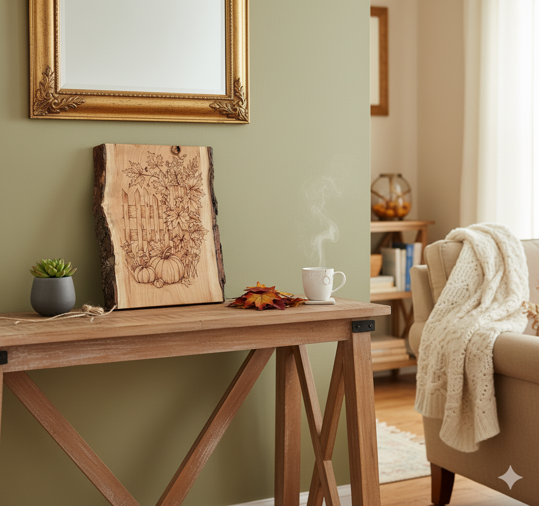 Fall Garden Scene Pyrography on Live Edge Cherry Wood