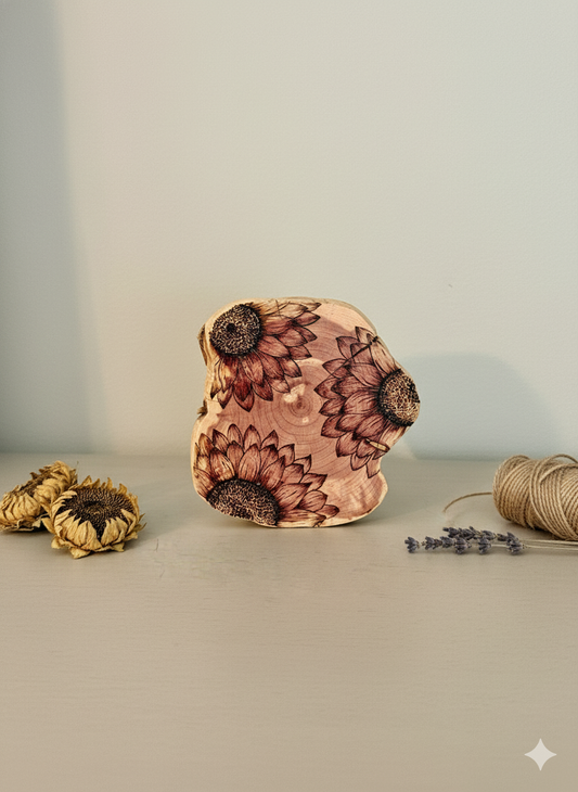 Vibrant Sunflower Round on Cedar Wood