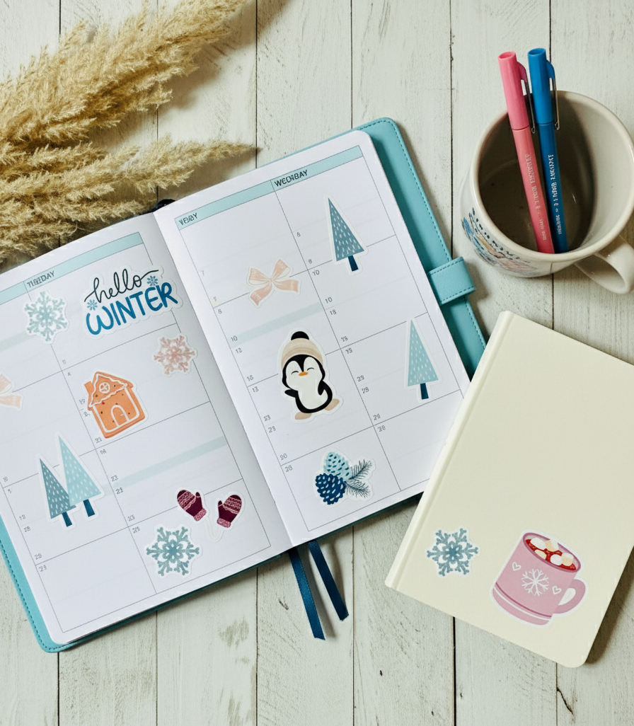 Open planner with winter-themed stickers on a wooden surface with a mug and pens.