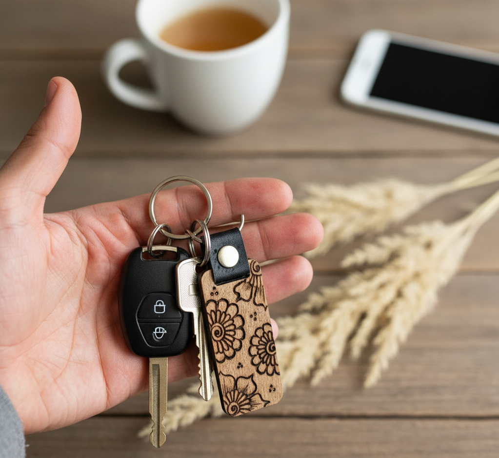 Hand holding keys with a wooden keychain, cup of tea, and phone on a wooden surface