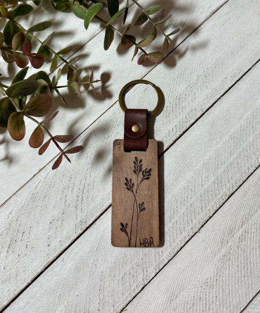 Wildflower Wood Burned Keychain