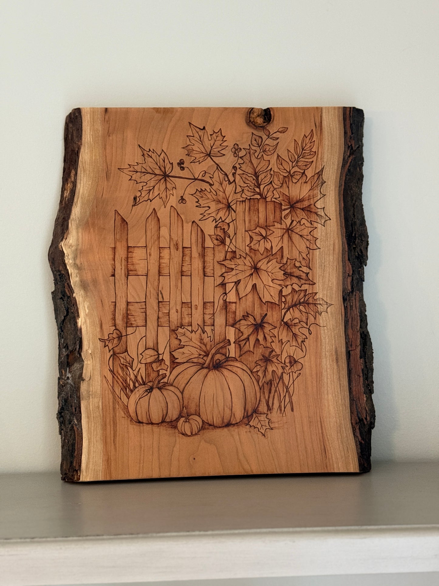 Fall Garden Scene Pyrography on Live Edge Cherry Wood