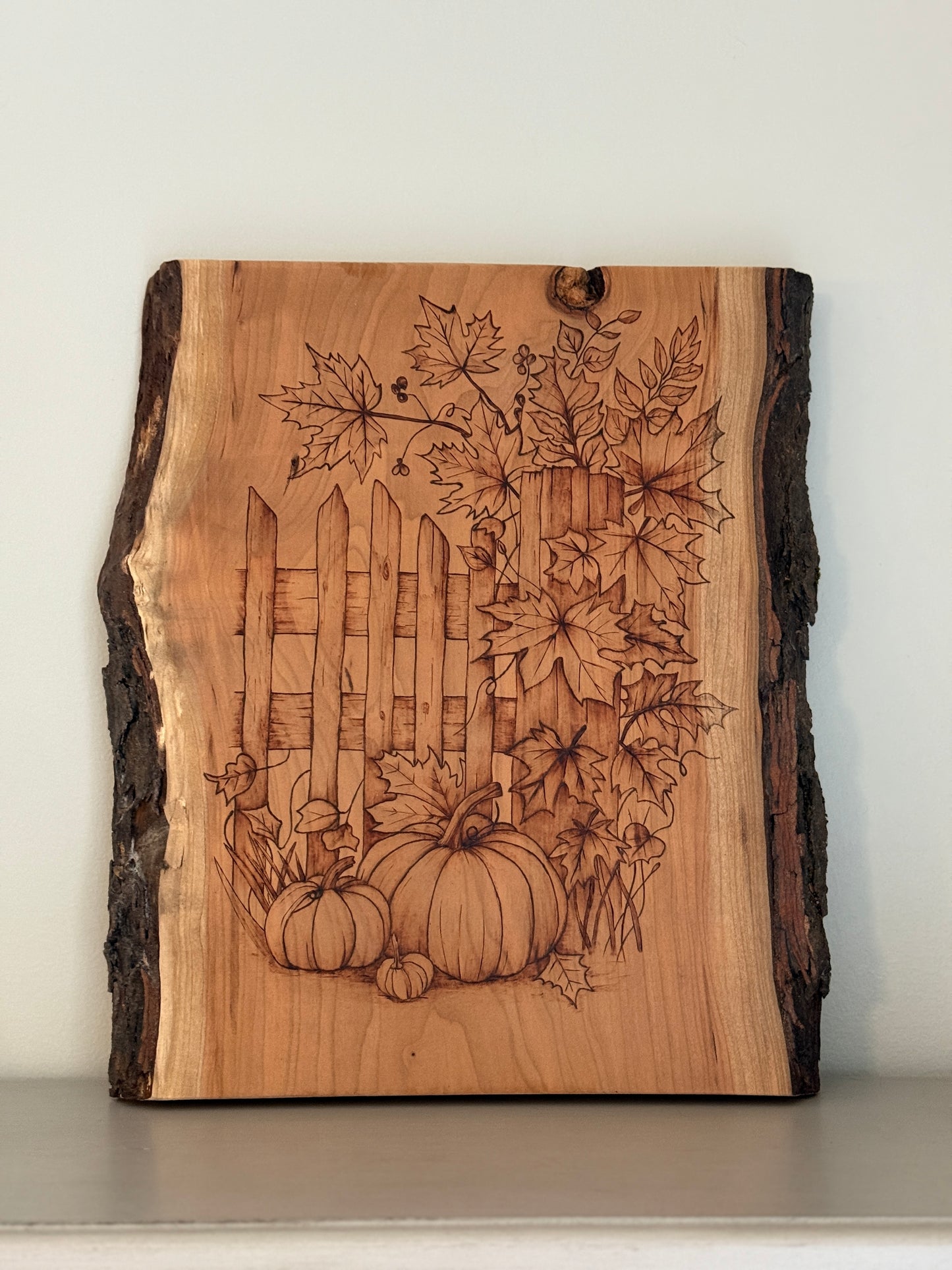 Fall Garden Scene Pyrography on Live Edge Cherry Wood