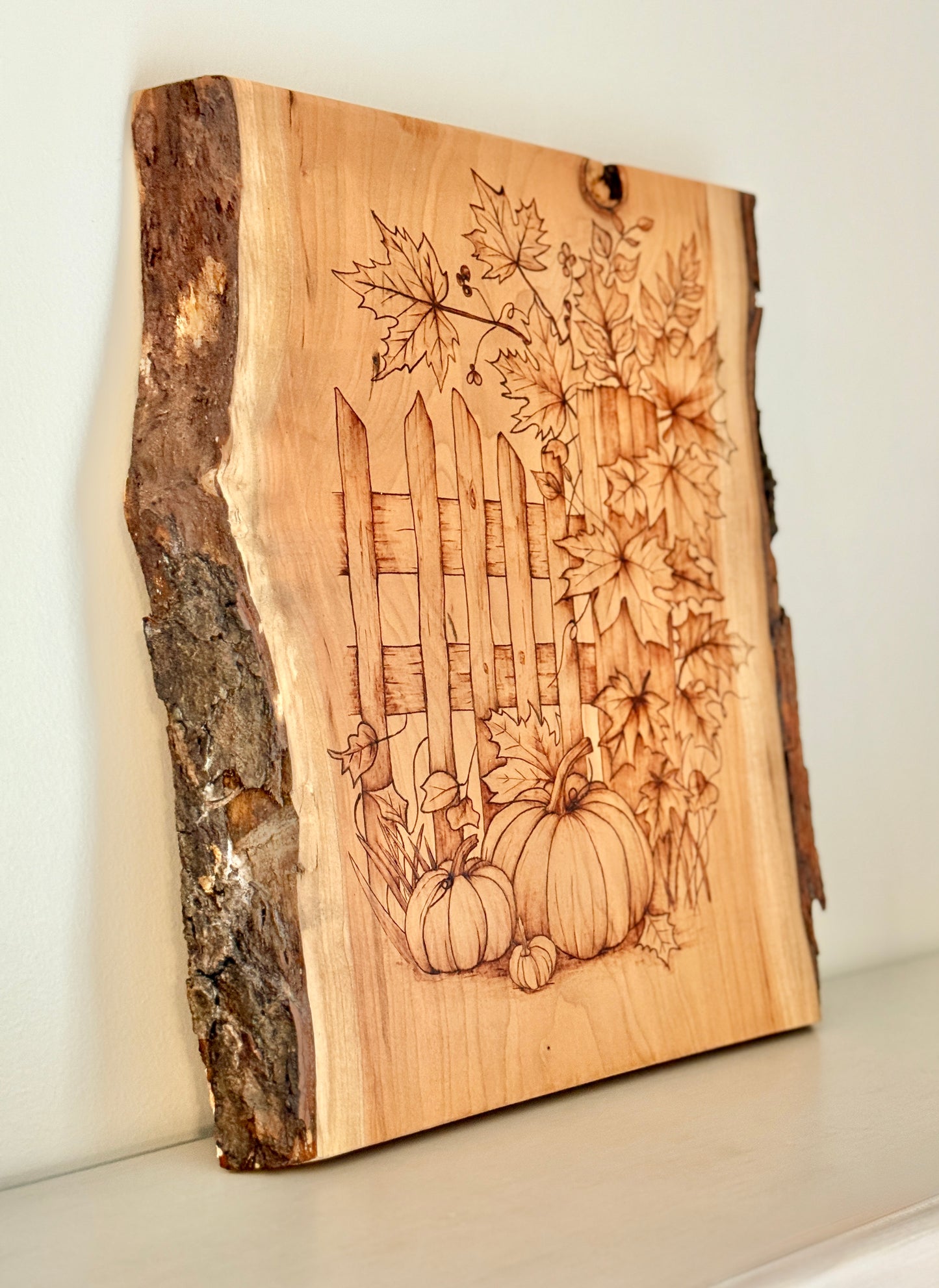 Fall Garden Scene Pyrography on Live Edge Cherry Wood