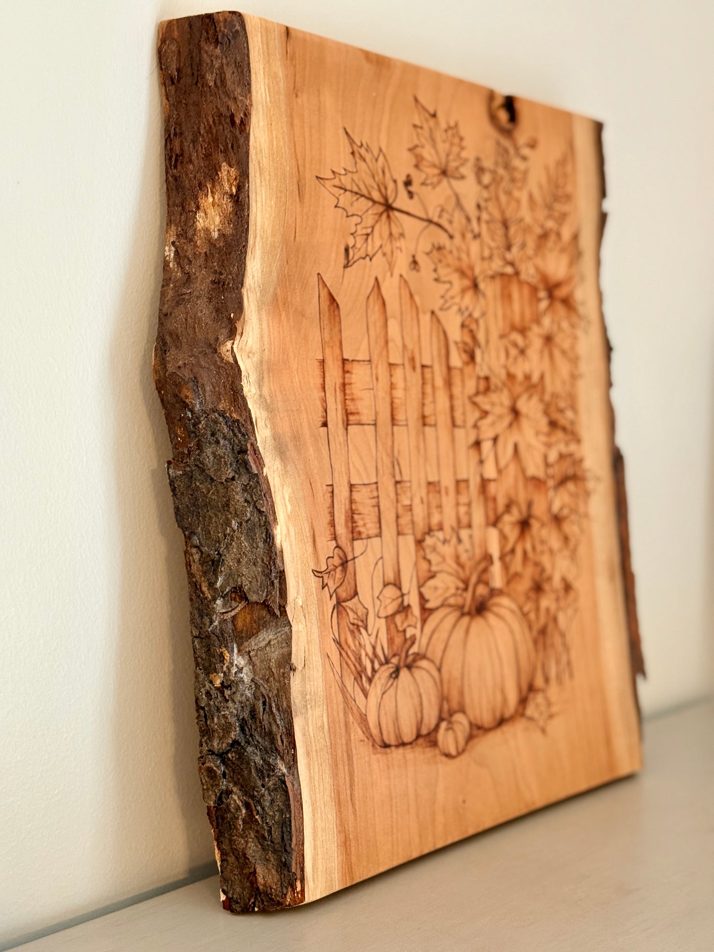 Fall Garden Scene Pyrography on Live Edge Cherry Wood