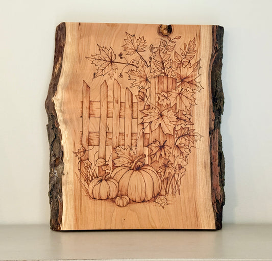 Fall Garden Scene Pyrography on Live Edge Cherry Wood