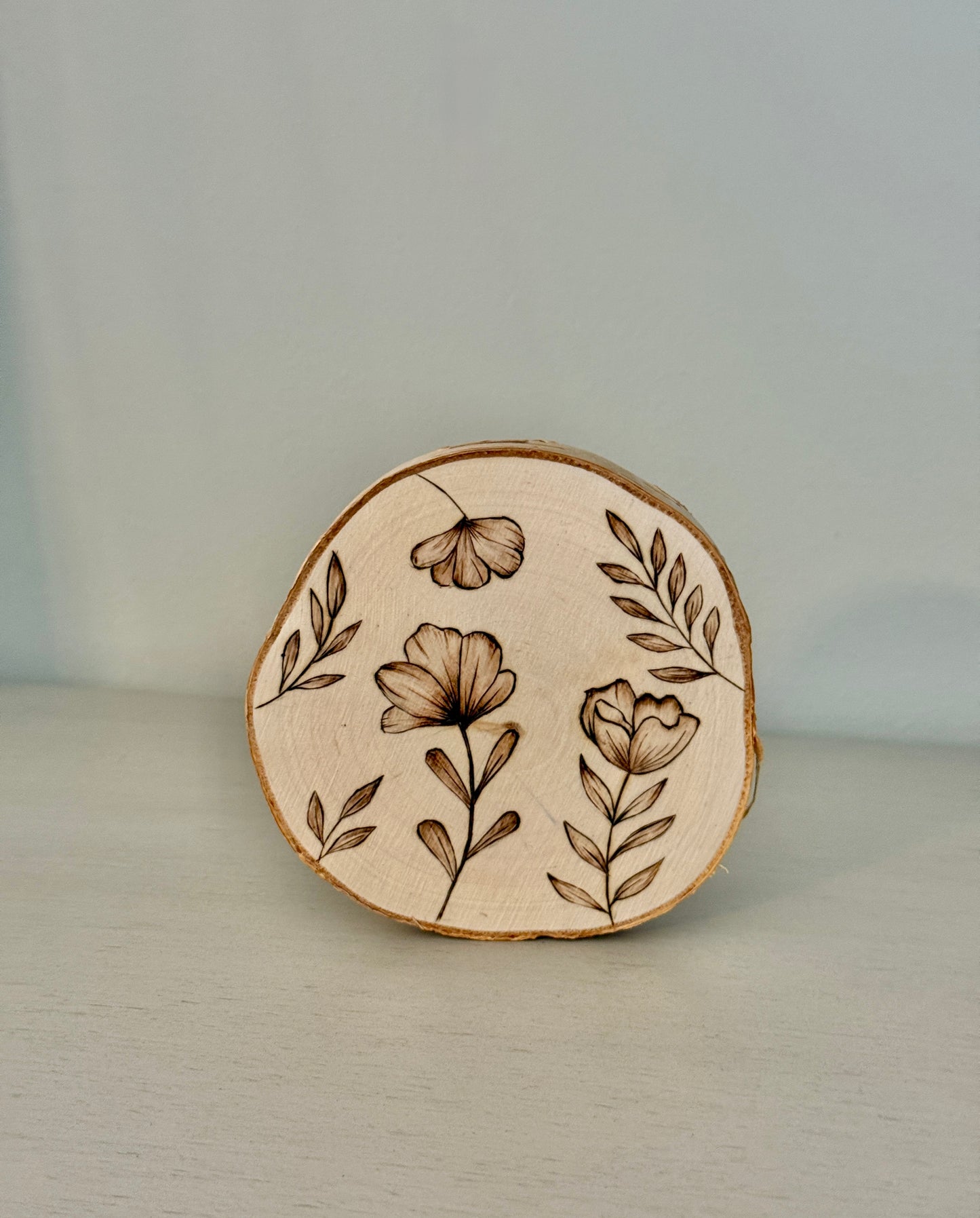 Pyrography Floral Art on Birch Wood Slice
