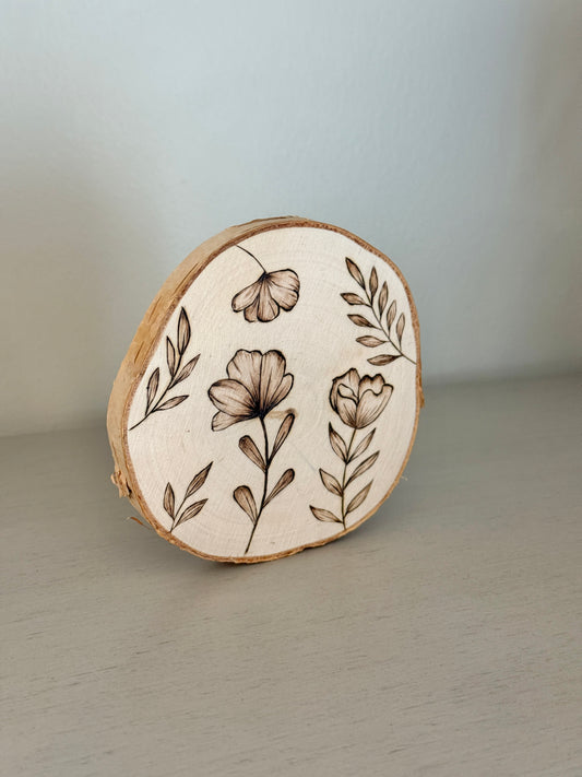 Pyrography Floral Art on Birch Wood Slice