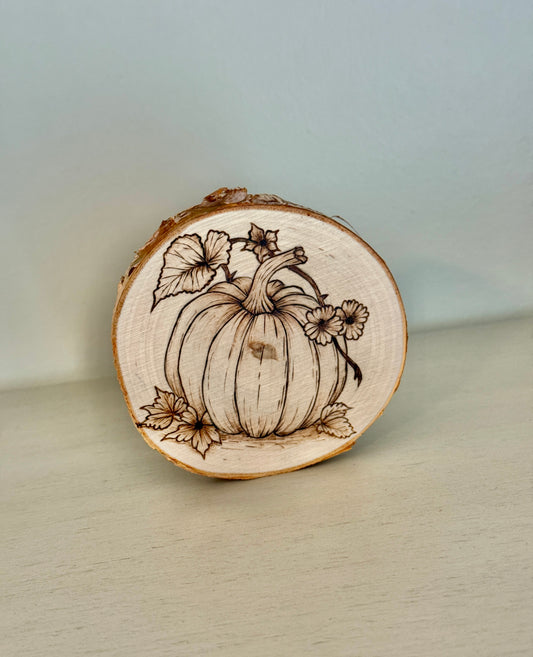 Pyrography Pumpkin on Birch Wood | Wood Burned Autumn Decor