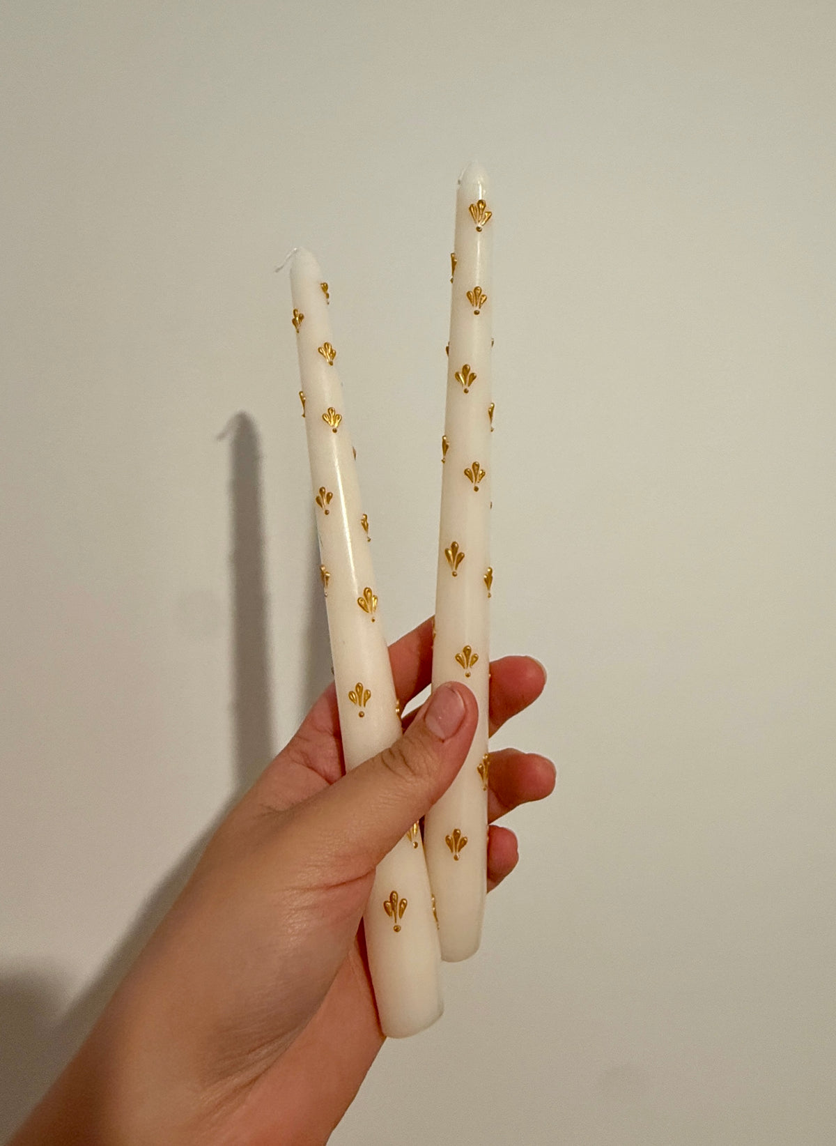 Hand-Painted Gold Leaf Taper Candles –  Set of 2, 10" Tall