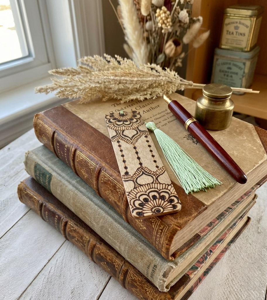 Stack of vintage books with a quill pen and inkwell on a wooden surface with the minimalist henna bookmark 
