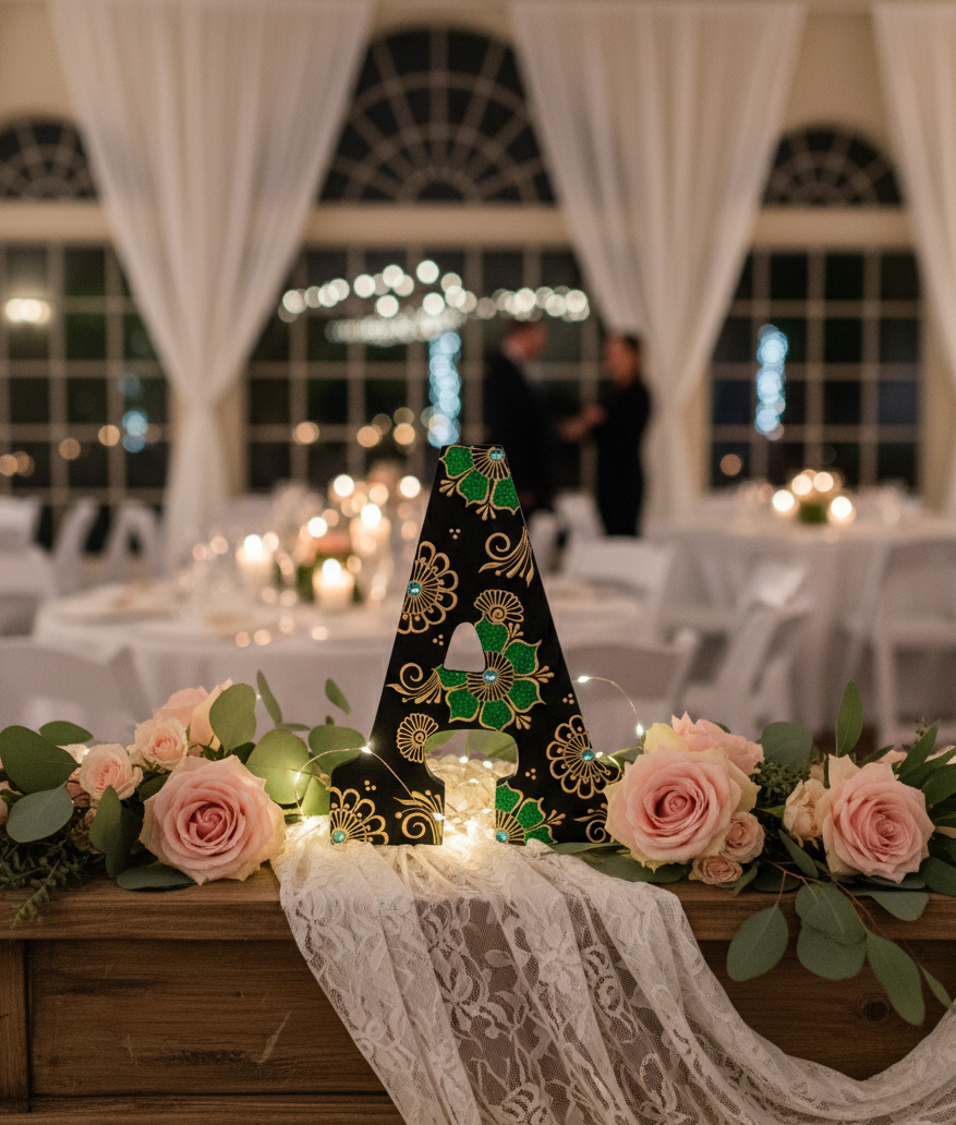 Decorative table centerpiece letter A gold florals on a black background in an indoor setting.
