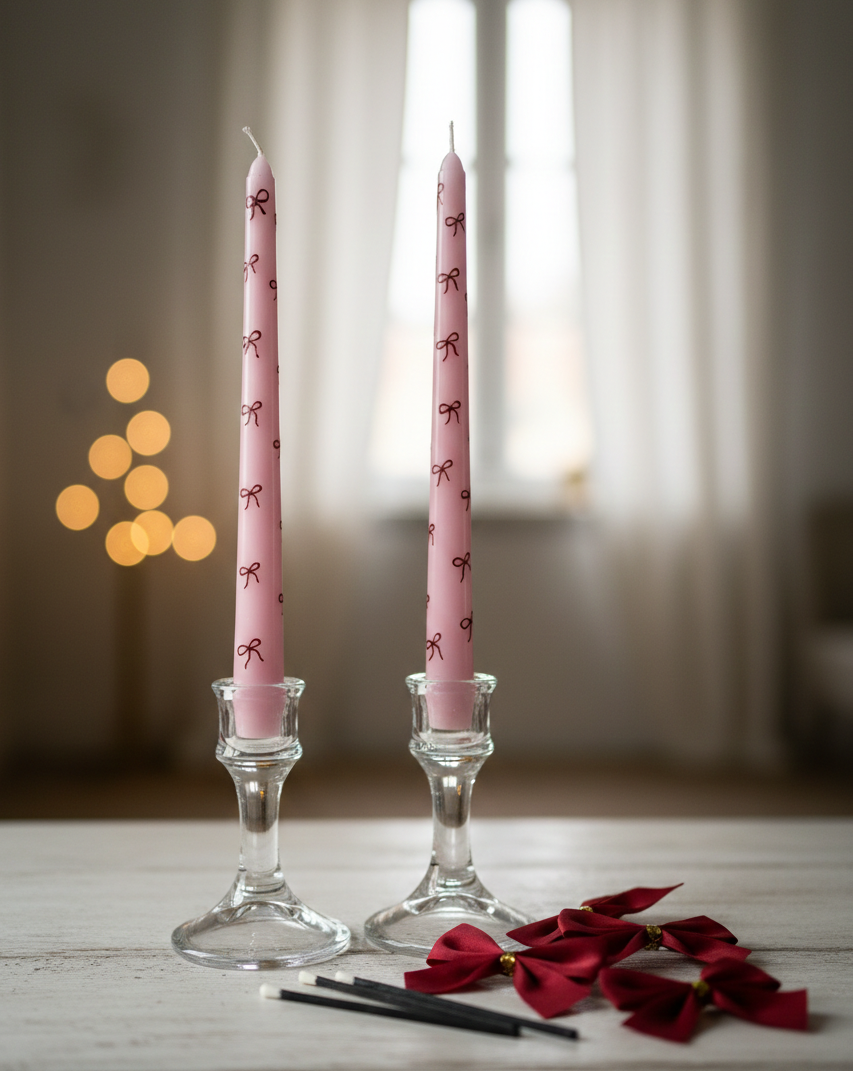 Two pink candles with red bows in glass candle holders on a wooden surface.