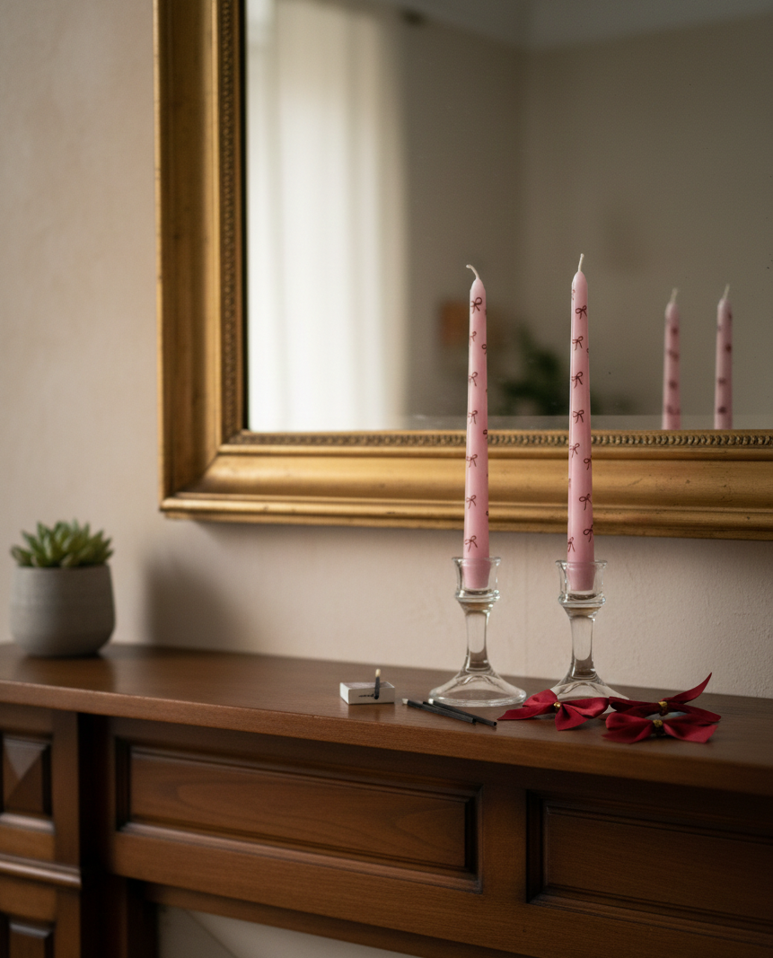 Pink candles in glass holders on a wooden surface with a mirror in the background