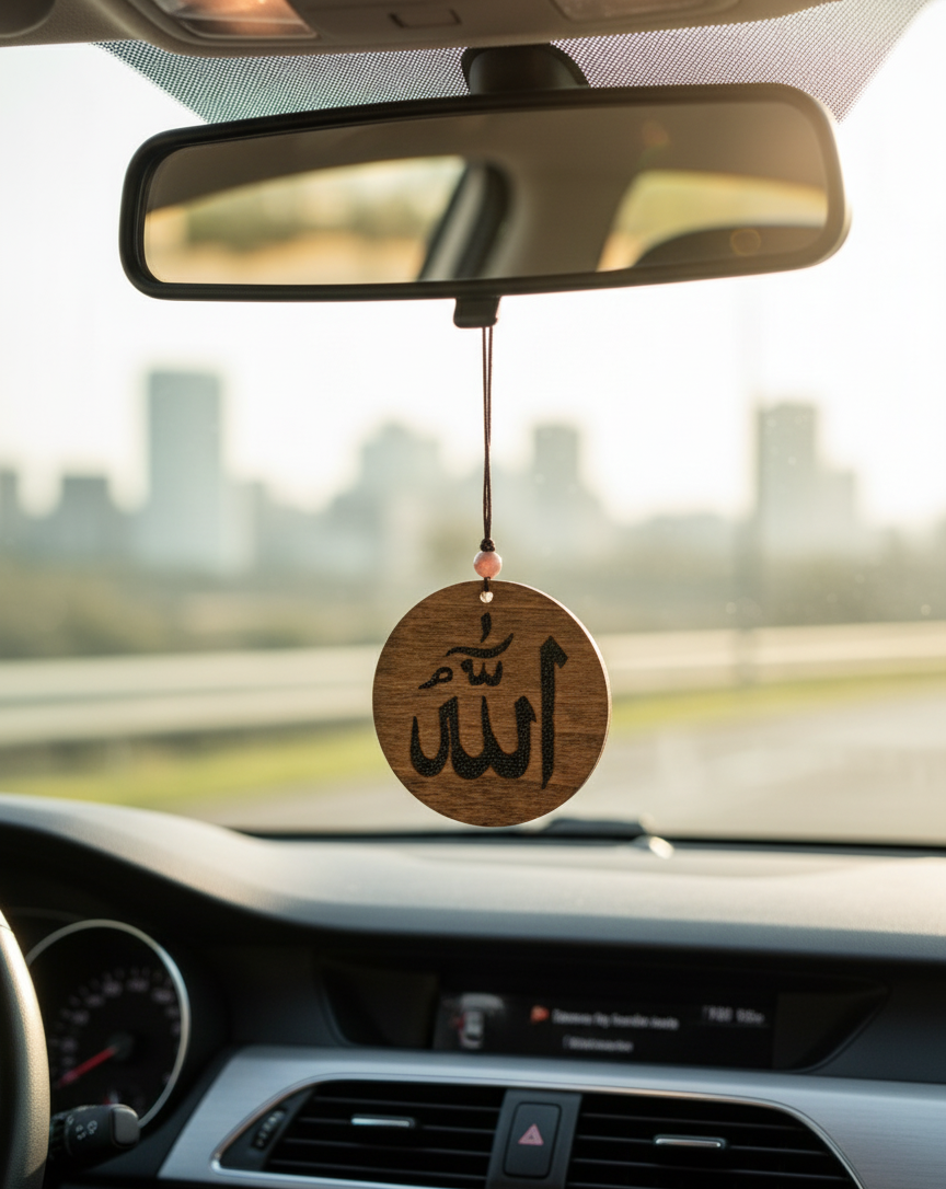 Car interior with a wooden hanging ornament displaying Arabic text, set against a blurred cityscape.