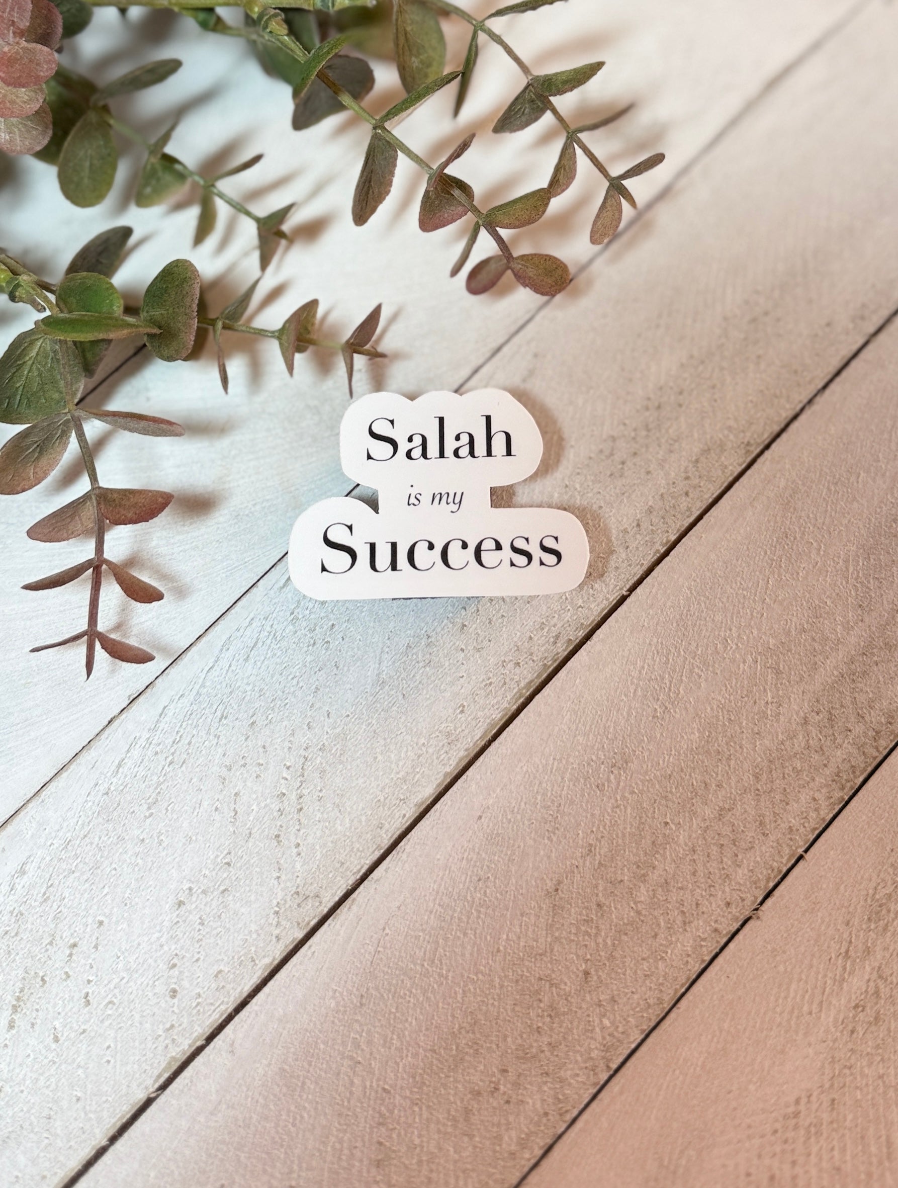 Text 'Salah is my Success' on a wooden surface with greenery