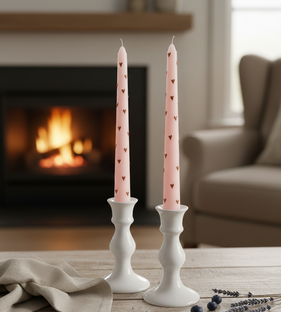 Two pink candles with heart patterns on white candlesticks in front of a fireplace.