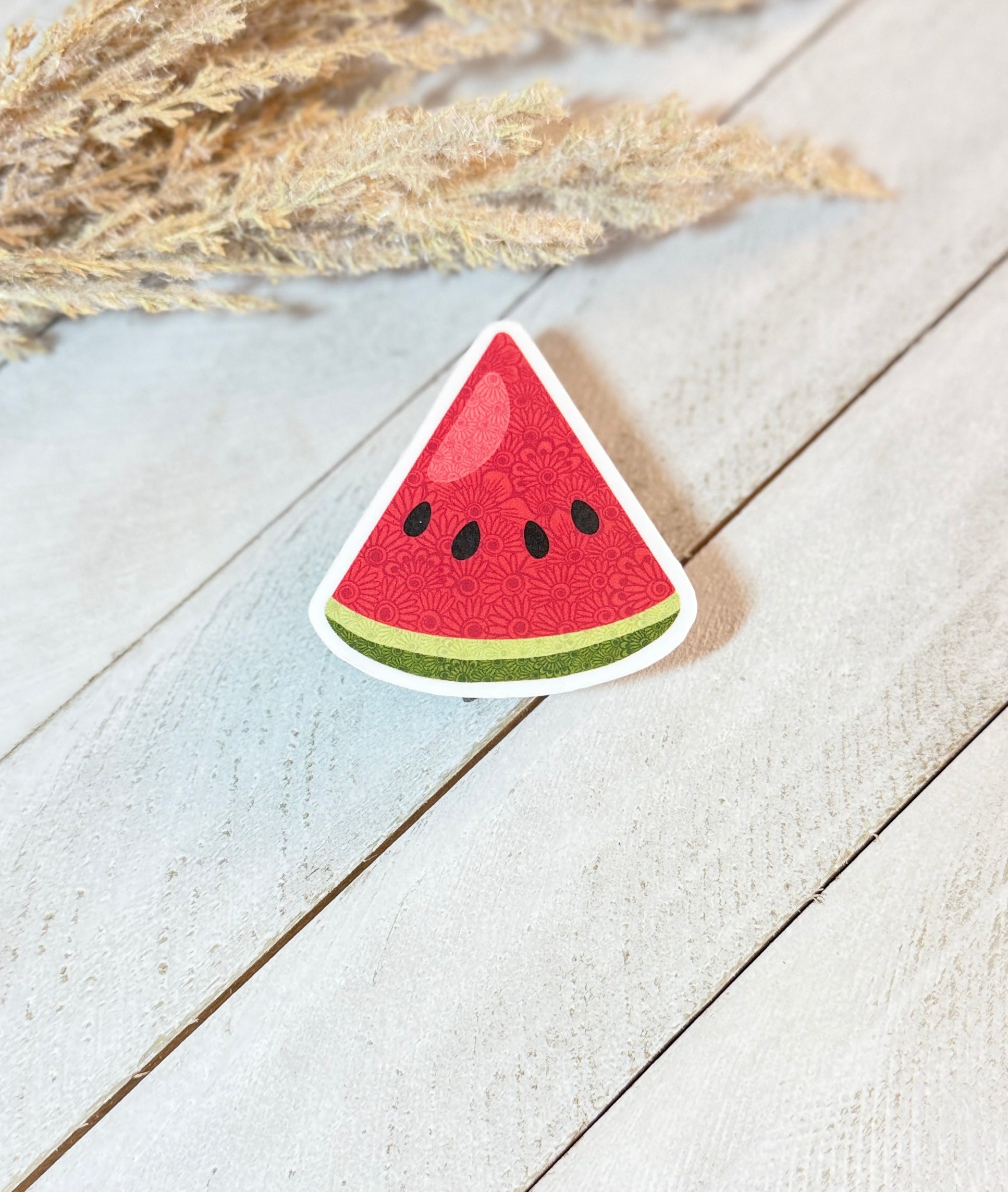 Watermelon slice sticker on a wooden surface with dried plants in the background