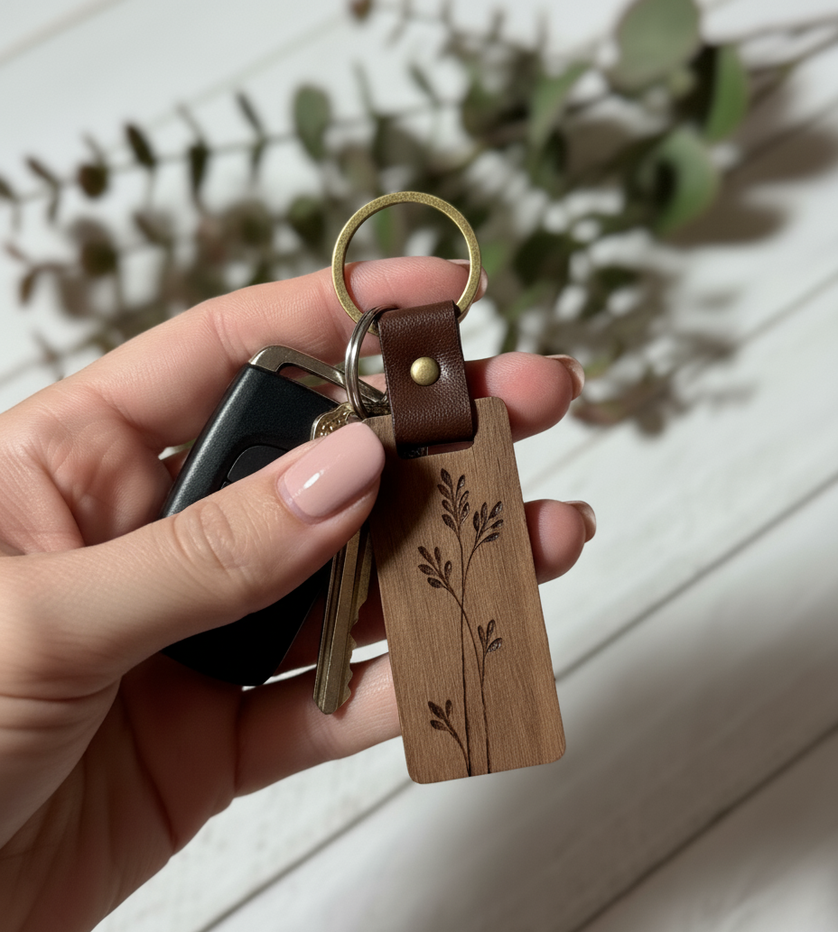 Hand holding a keychain with a wooden tag featuring an engraved design, against a blurred natural background.