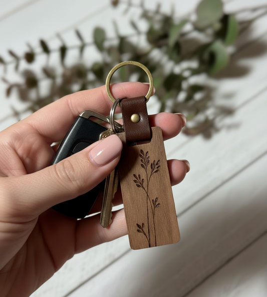 Hand holding a keychain with a wooden tag featuring an engraved design, against a blurred natural background.